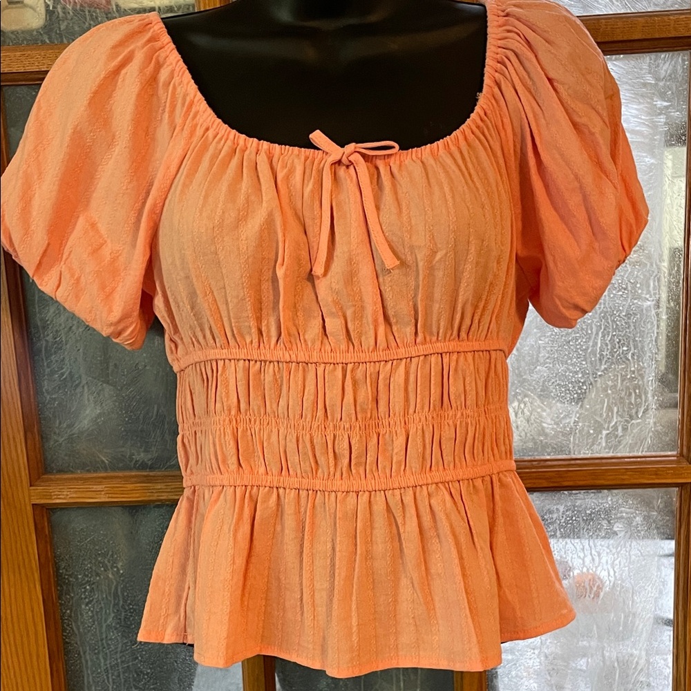Women's Peach Puff Sleeve Smocked Waist Top